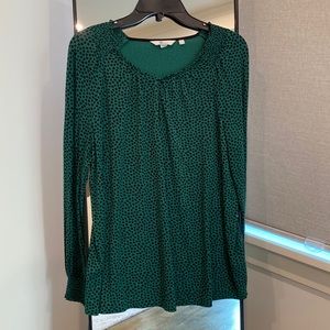Green Boden top with black flower print.